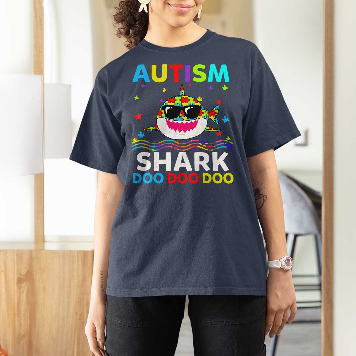 Funny Autism Shark T Shirt For Women Puzzle Piece Autistic Mom Dad Sped Teacher