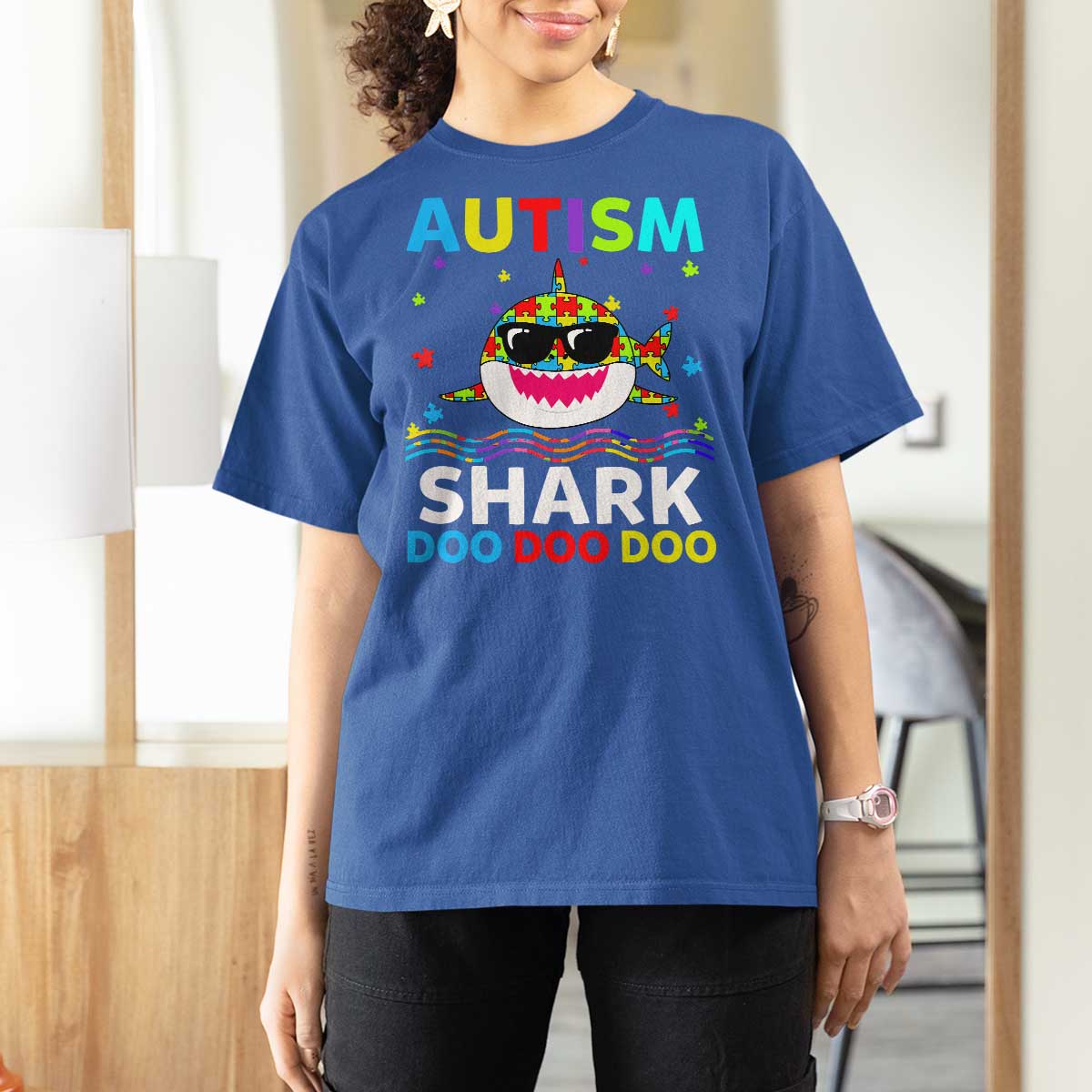 Funny Autism Shark T Shirt For Women Puzzle Piece Autistic Mom Dad Sped Teacher