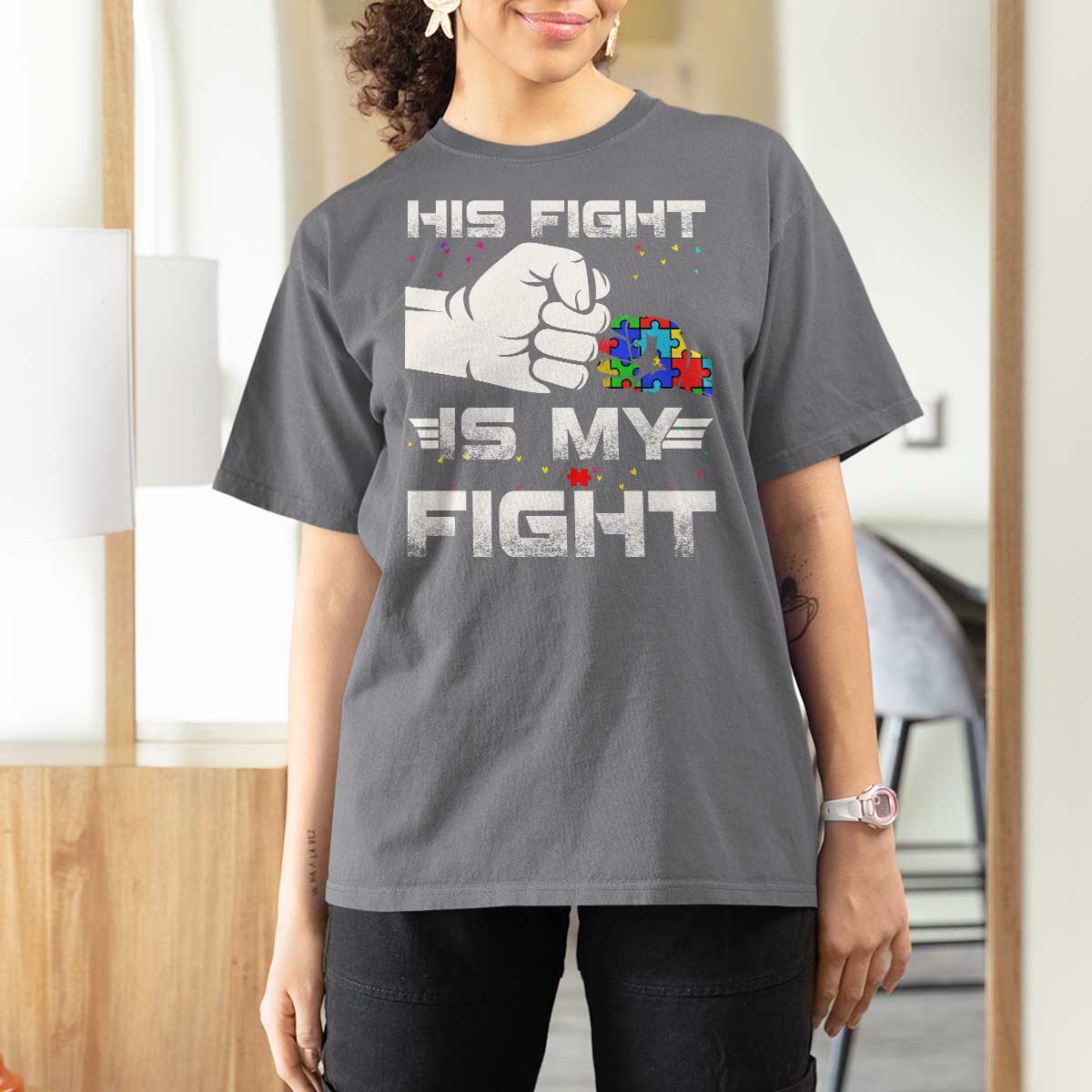 Autism Awareness Mom Dad Parents Autistic Kids T Shirt For Women His Fight Is My Fight Month Support