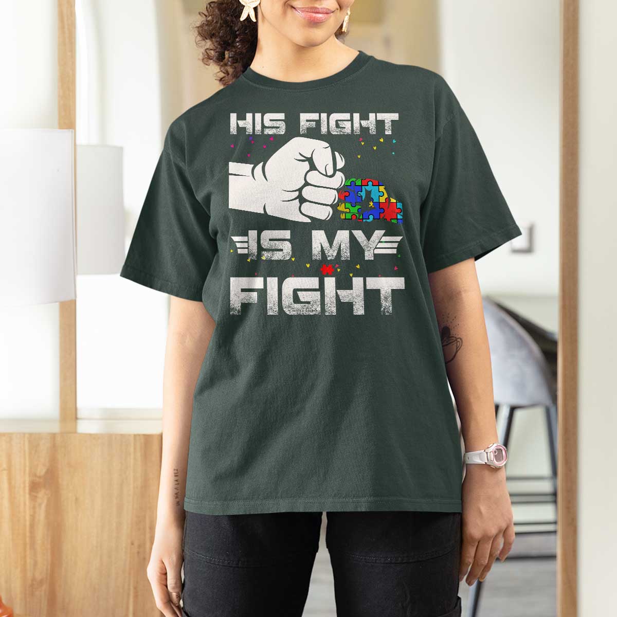Autism Awareness Mom Dad Parents Autistic Kids T Shirt For Women His Fight Is My Fight Month Support