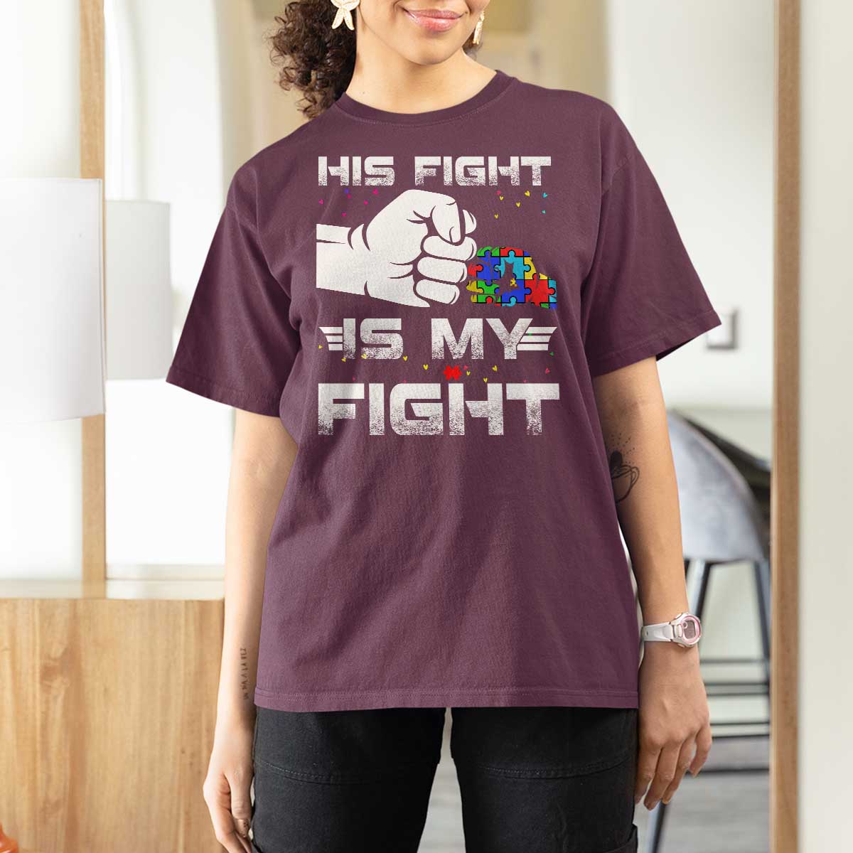 Autism Awareness Mom Dad Parents Autistic Kids T Shirt For Women His Fight Is My Fight Month Support