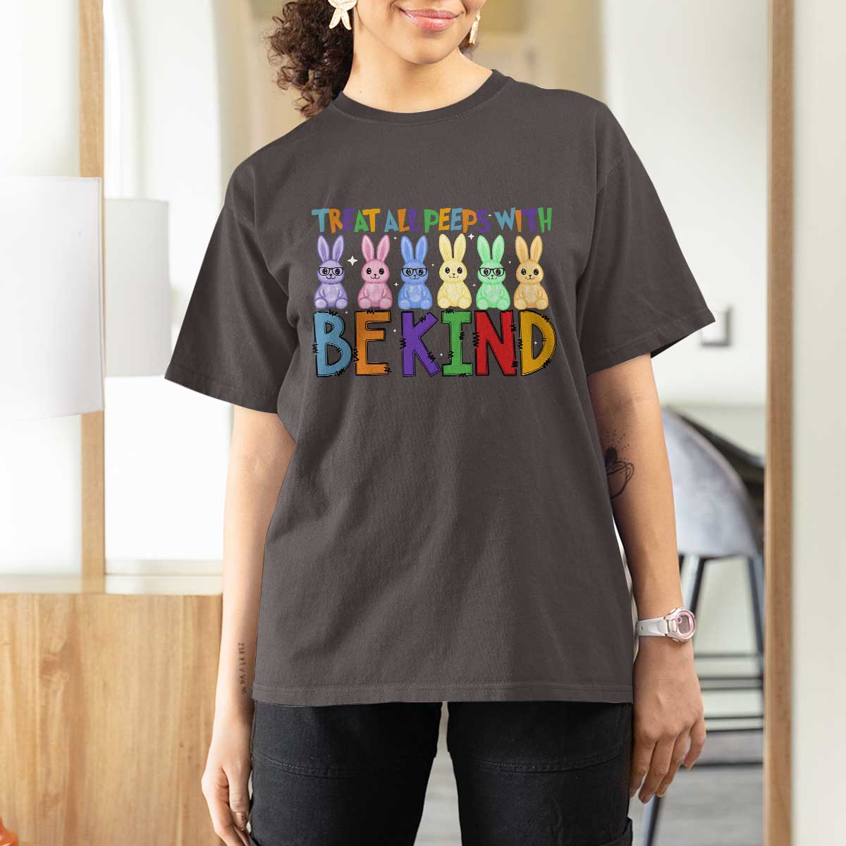 Teacher Easter T Shirt For Women Treat All Peeps With Kindness Funny Bunny