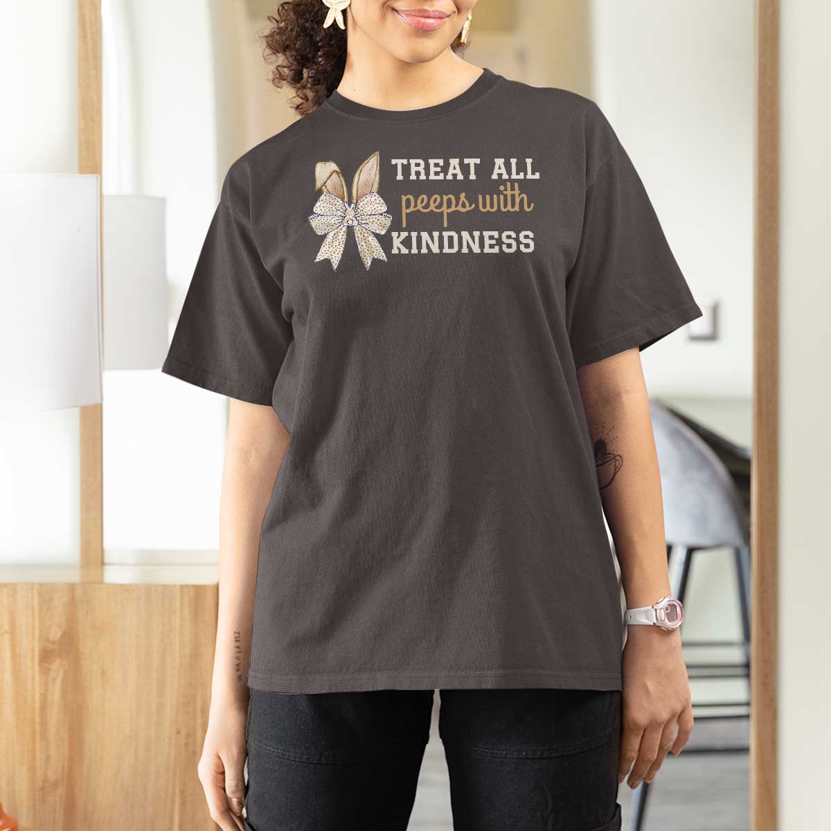 Bunny Coquette Ears Easter Teachers T Shirt For Women Treat All Peeps With Kindness