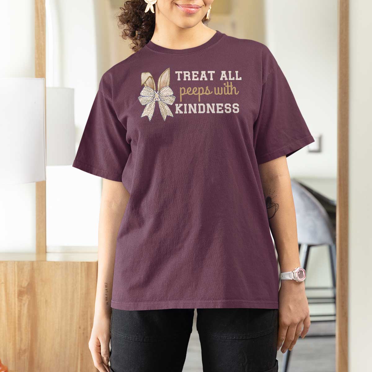 Bunny Coquette Ears Easter Teachers T Shirt For Women Treat All Peeps With Kindness