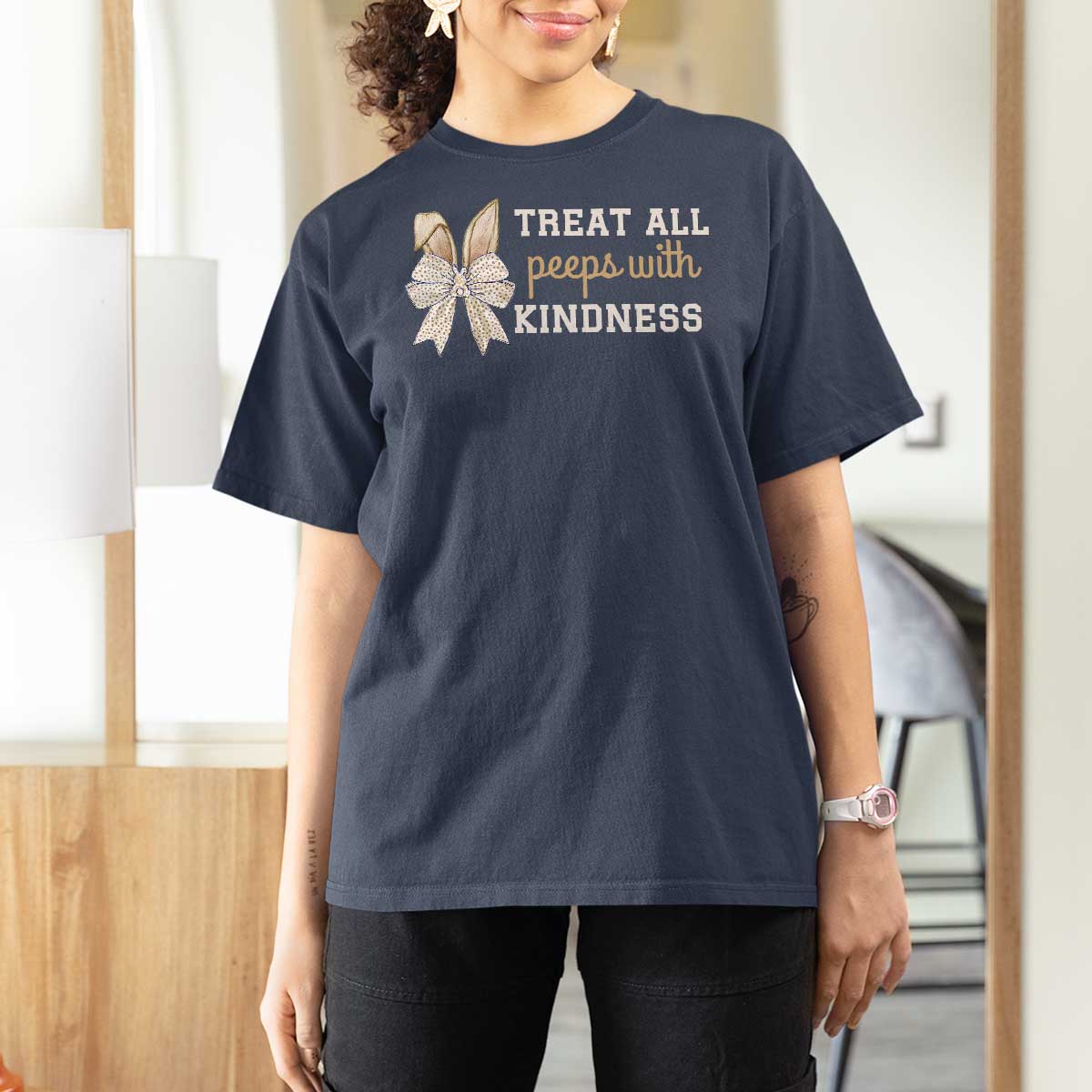 Bunny Coquette Ears Easter Teachers T Shirt For Women Treat All Peeps With Kindness