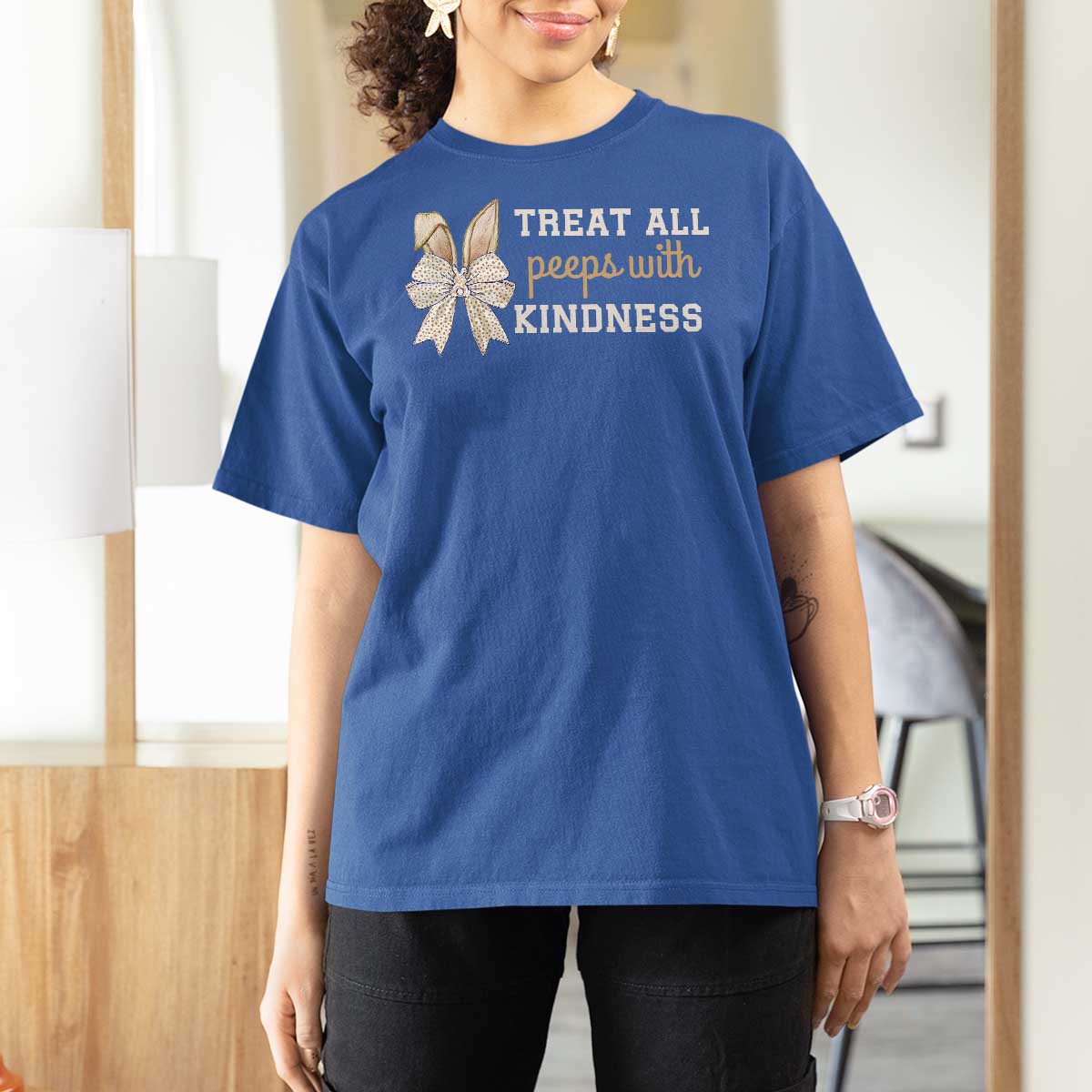 Bunny Coquette Ears Easter Teachers T Shirt For Women Treat All Peeps With Kindness