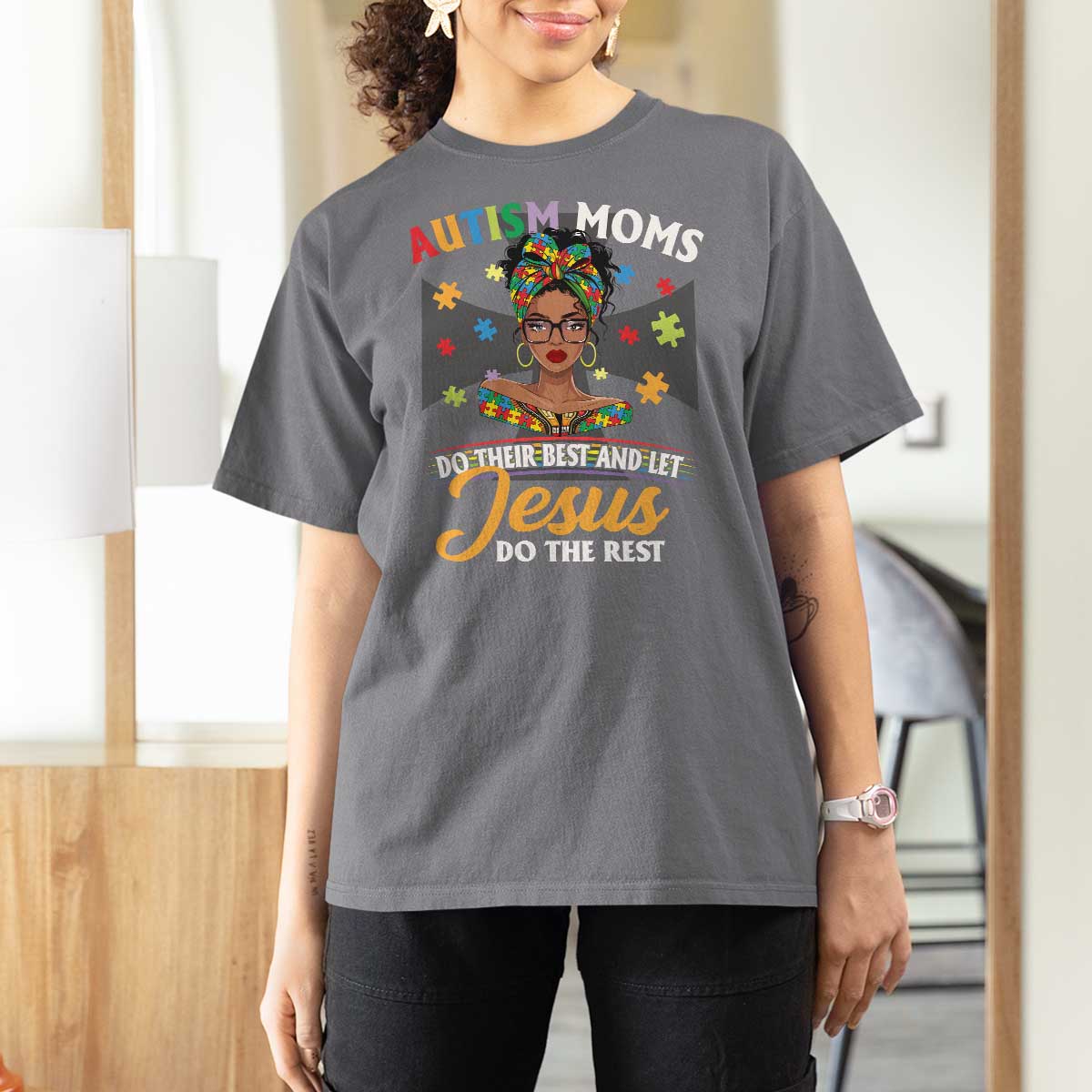 Afro Autism Mom T Shirt For Women African American Autistic Black Mama Religious Cross