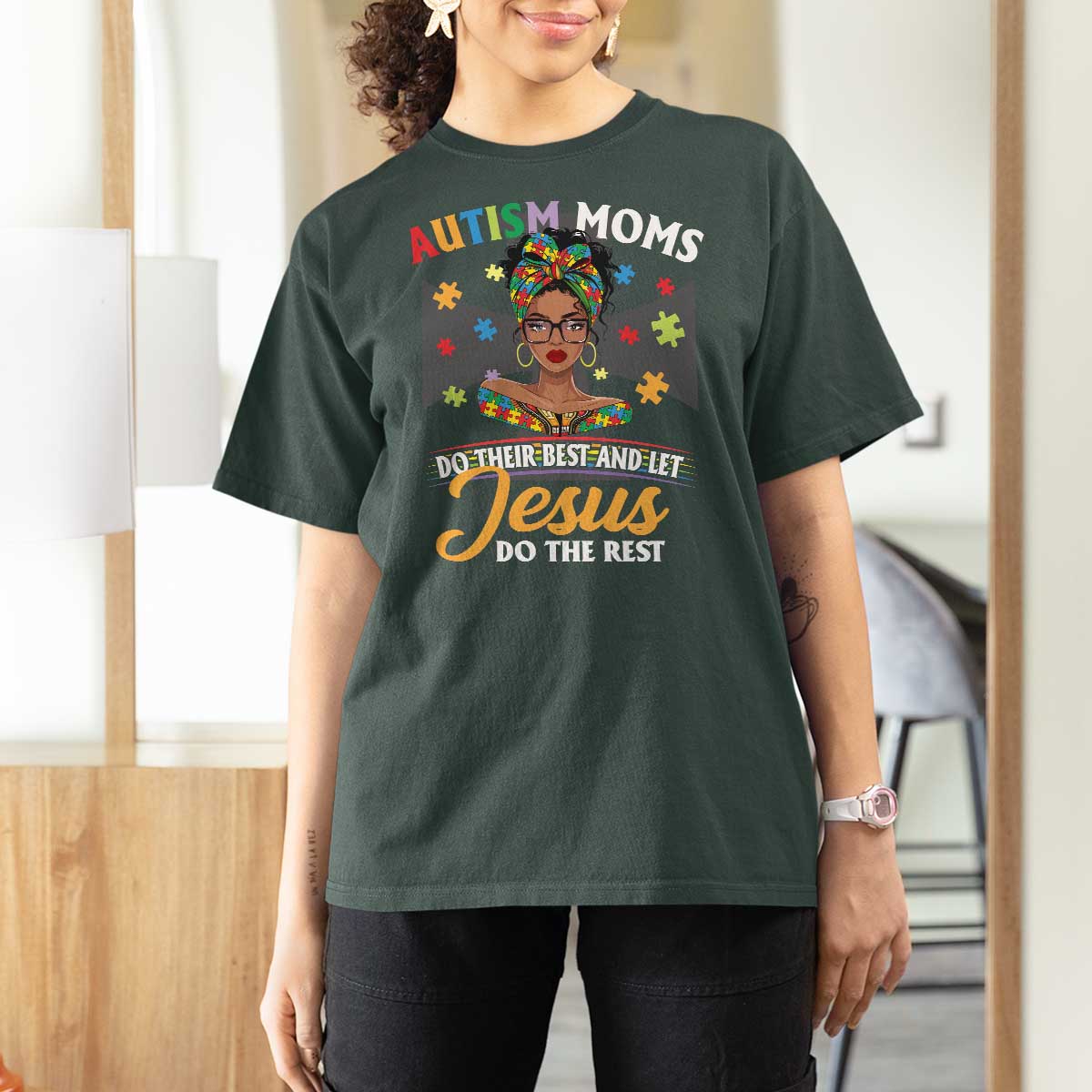 Afro Autism Mom T Shirt For Women African American Autistic Black Mama Religious Cross