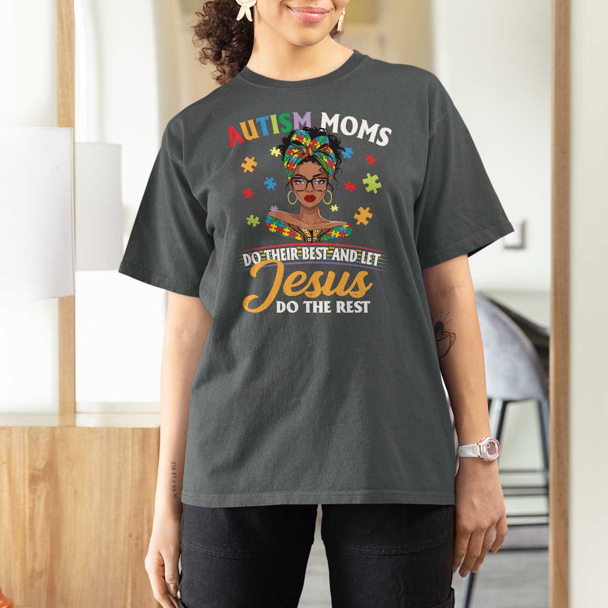Afro Autism Mom T Shirt For Women African American Autistic Black Mama Religious Cross