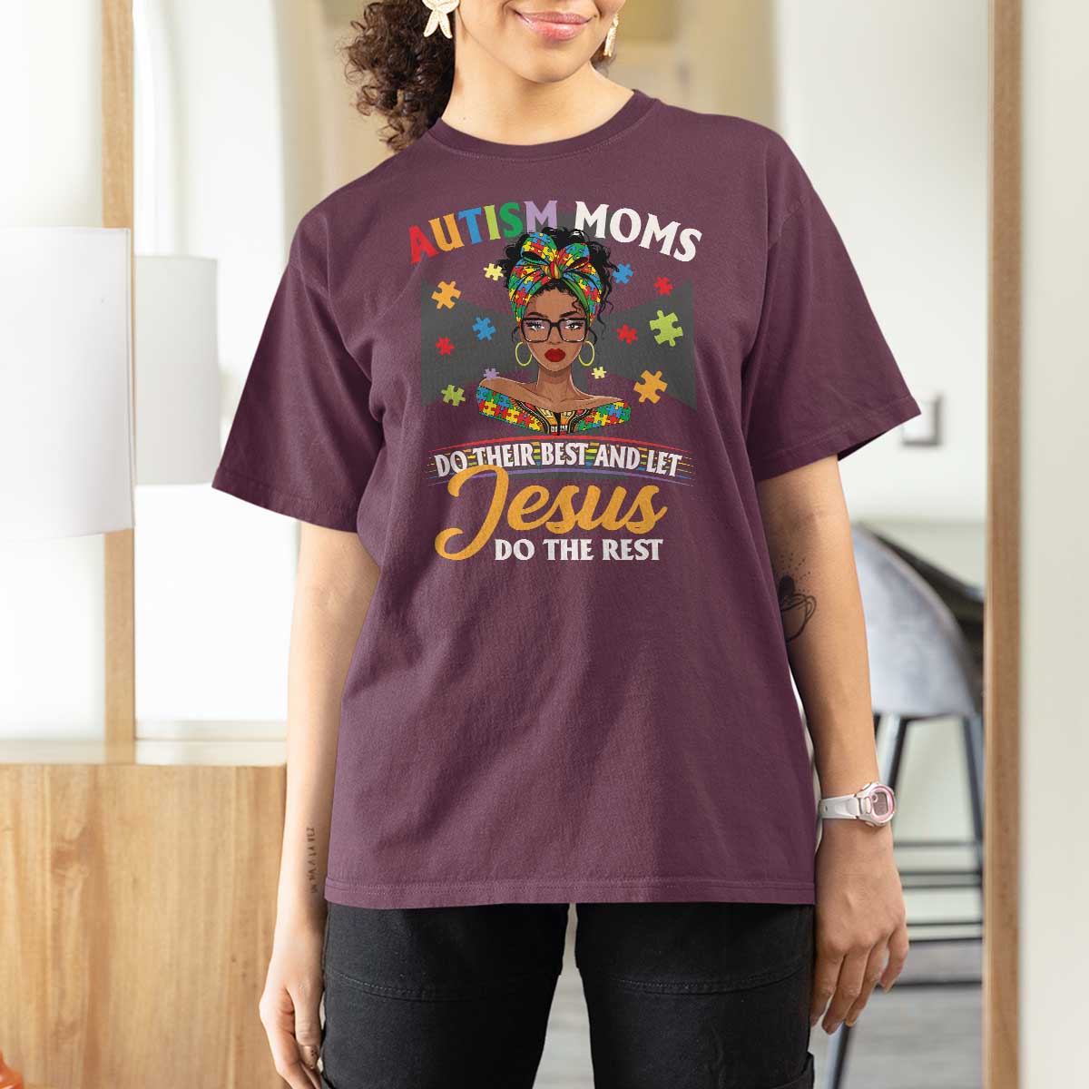 Afro Autism Mom T Shirt For Women African American Autistic Black Mama Religious Cross