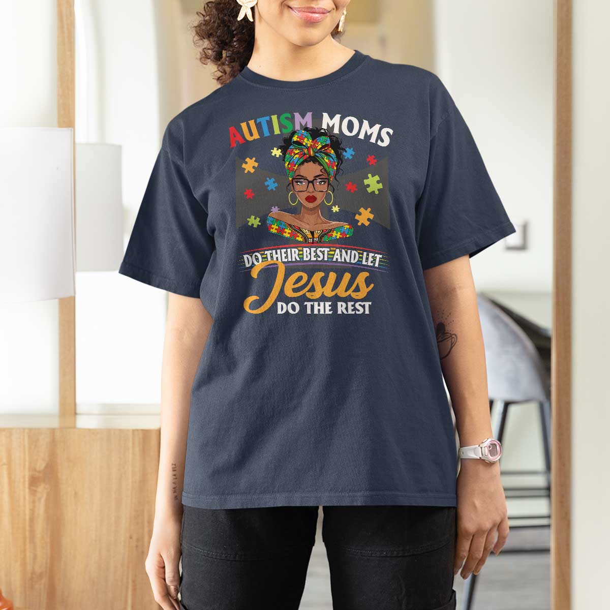 Afro Autism Mom T Shirt For Women African American Autistic Black Mama Religious Cross