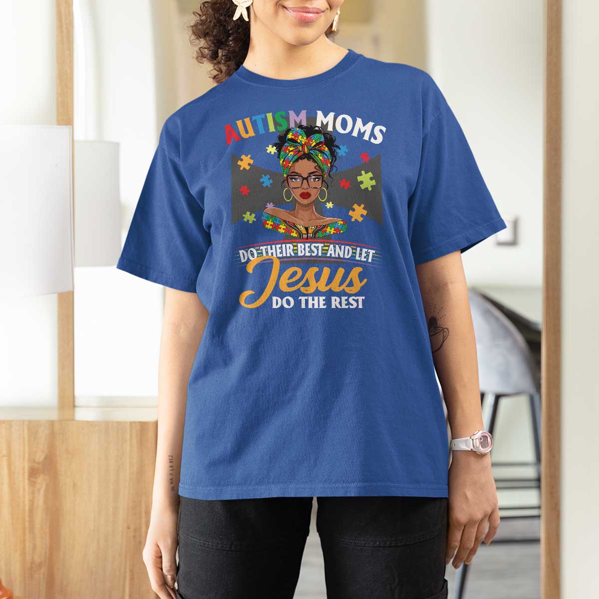 Afro Autism Mom T Shirt For Women African American Autistic Black Mama Religious Cross