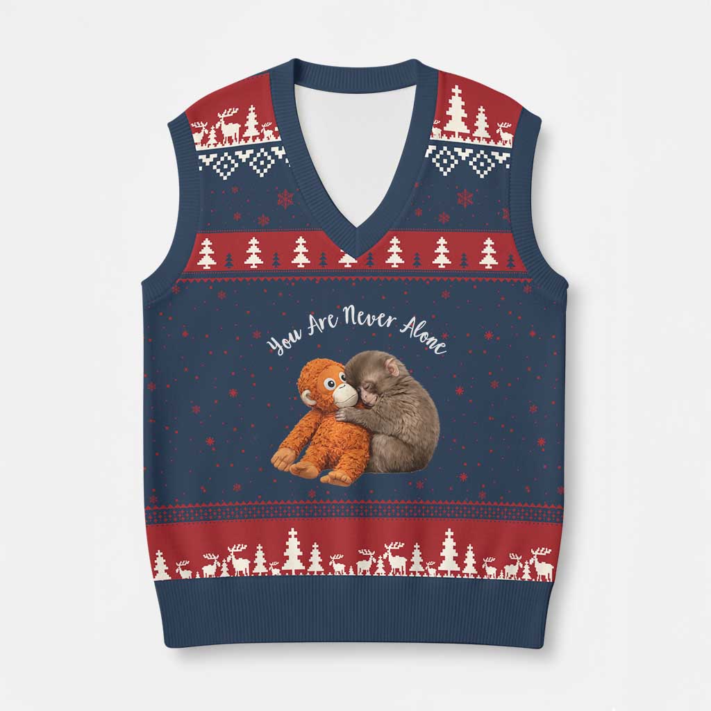 Viral Punch Monkey V-Neck Knit Sweater Vest Cute Baby Monkey With Plush Toy Animal Lovers