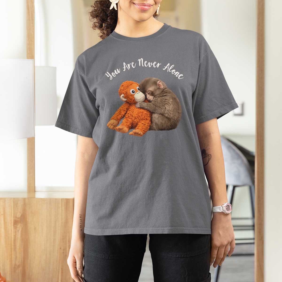 Viral Punch Monkey T Shirt For Women Cute Baby Monkey With Plush Toy Animal Lovers