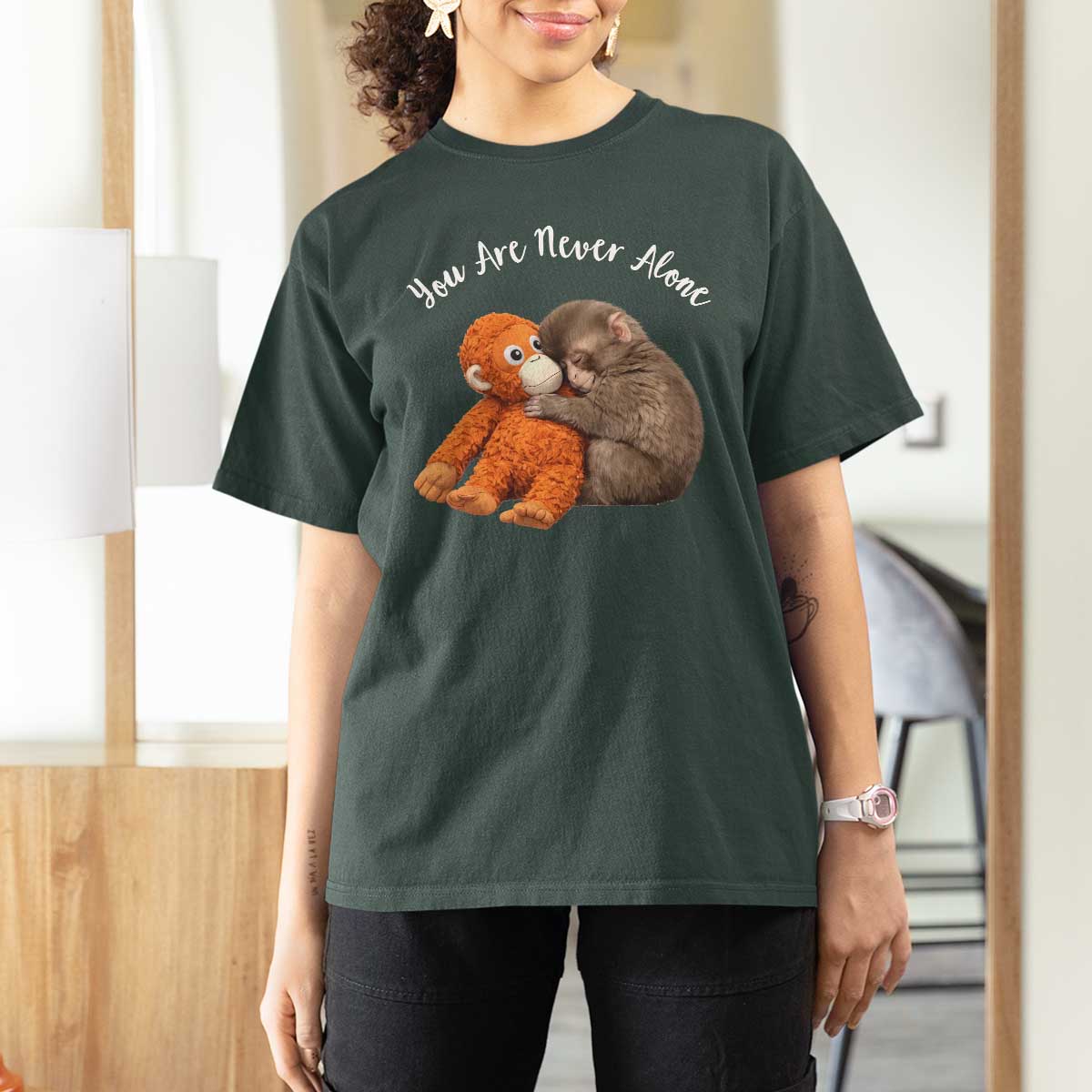 Viral Punch Monkey T Shirt For Women Cute Baby Monkey With Plush Toy Animal Lovers