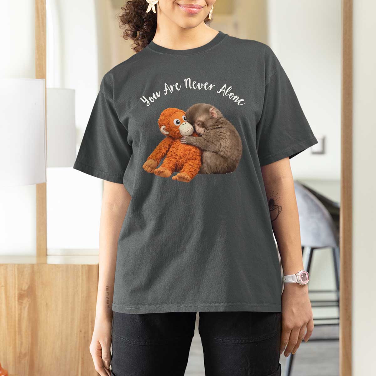 Viral Punch Monkey T Shirt For Women Cute Baby Monkey With Plush Toy Animal Lovers