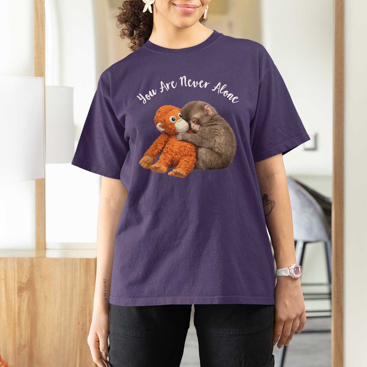 Viral Punch Monkey T Shirt For Women Cute Baby Monkey With Plush Toy Animal Lovers