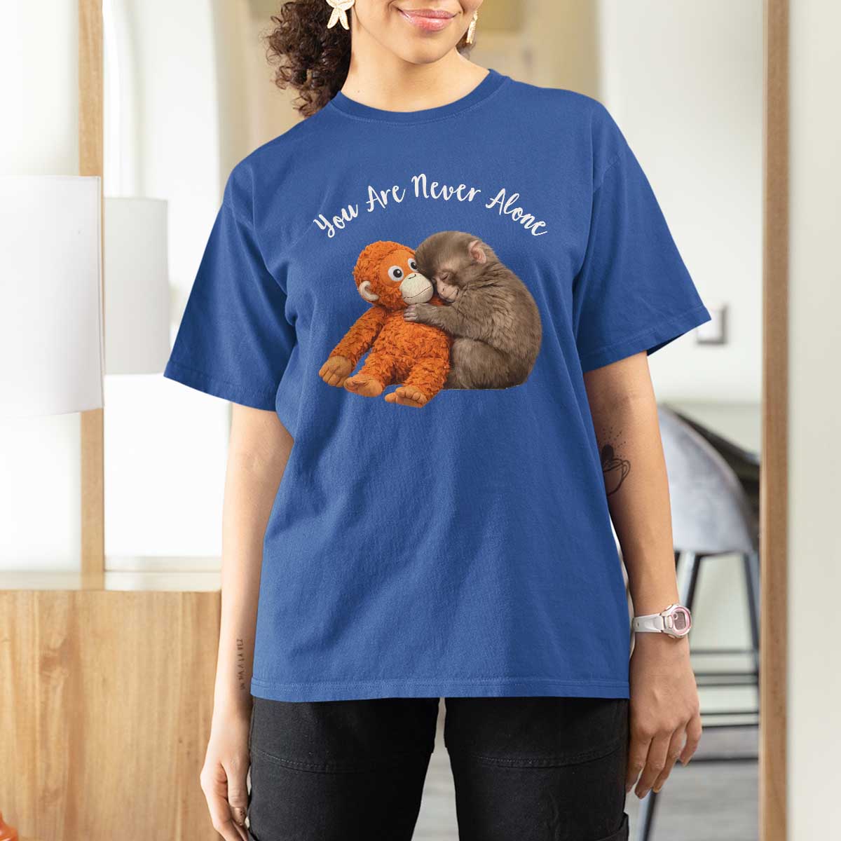 Viral Punch Monkey T Shirt For Women Cute Baby Monkey With Plush Toy Animal Lovers