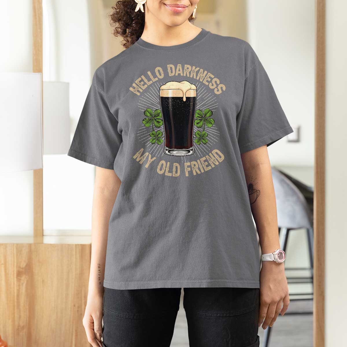 Irish Shamrock Beer Day T Shirt For Women Hello Darkness My Old Friend