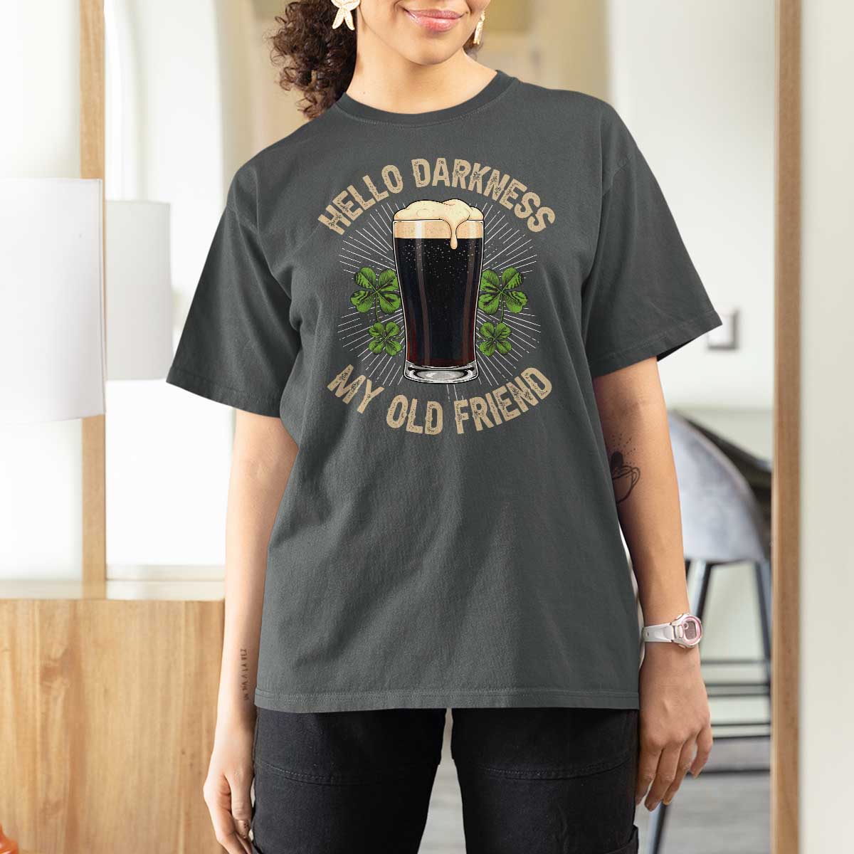 Irish Shamrock Beer Day T Shirt For Women Hello Darkness My Old Friend