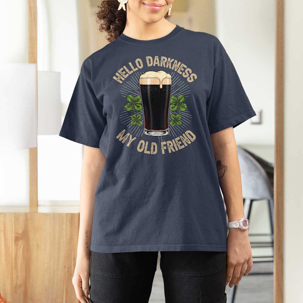 Irish Shamrock Beer Day T Shirt For Women Hello Darkness My Old Friend