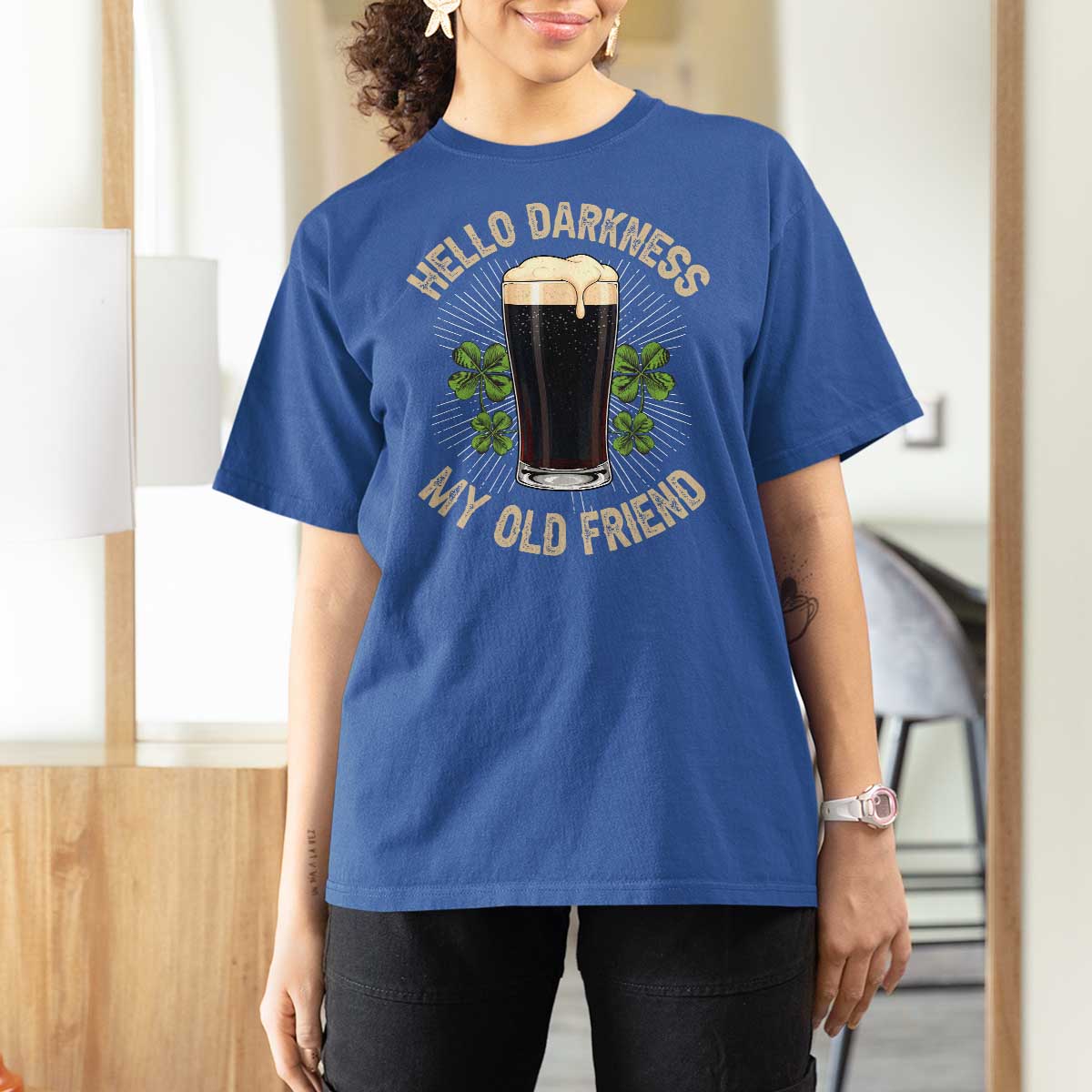 Irish Shamrock Beer Day T Shirt For Women Hello Darkness My Old Friend