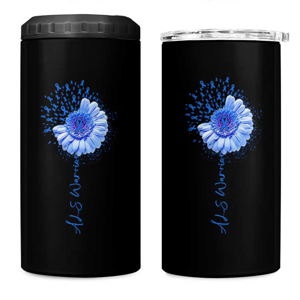 ALS Awareness 4 in 1 Can Cooler Tumbler Blue Ribbon Sunflower ALS Warrior