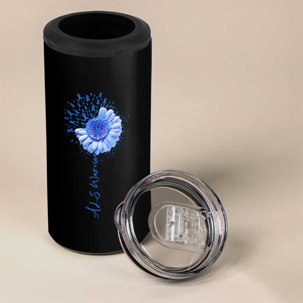 ALS Awareness 4 in 1 Can Cooler Tumbler Blue Ribbon Sunflower ALS Warrior