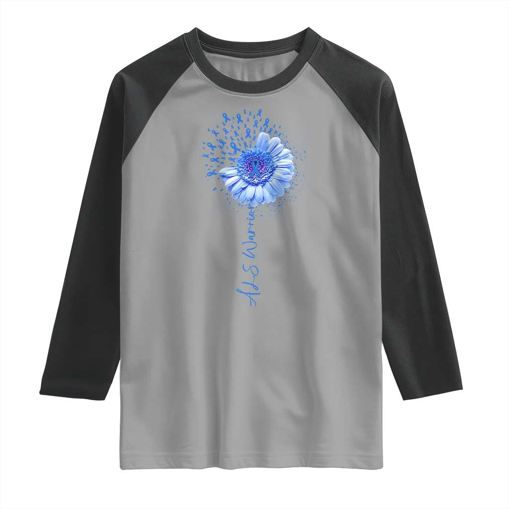 ALS Awareness Raglan Shirt Blue Ribbon Sunflower ALS Warrior