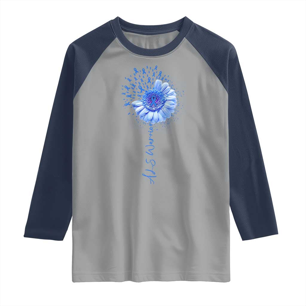 ALS Awareness Raglan Shirt Blue Ribbon Sunflower ALS Warrior