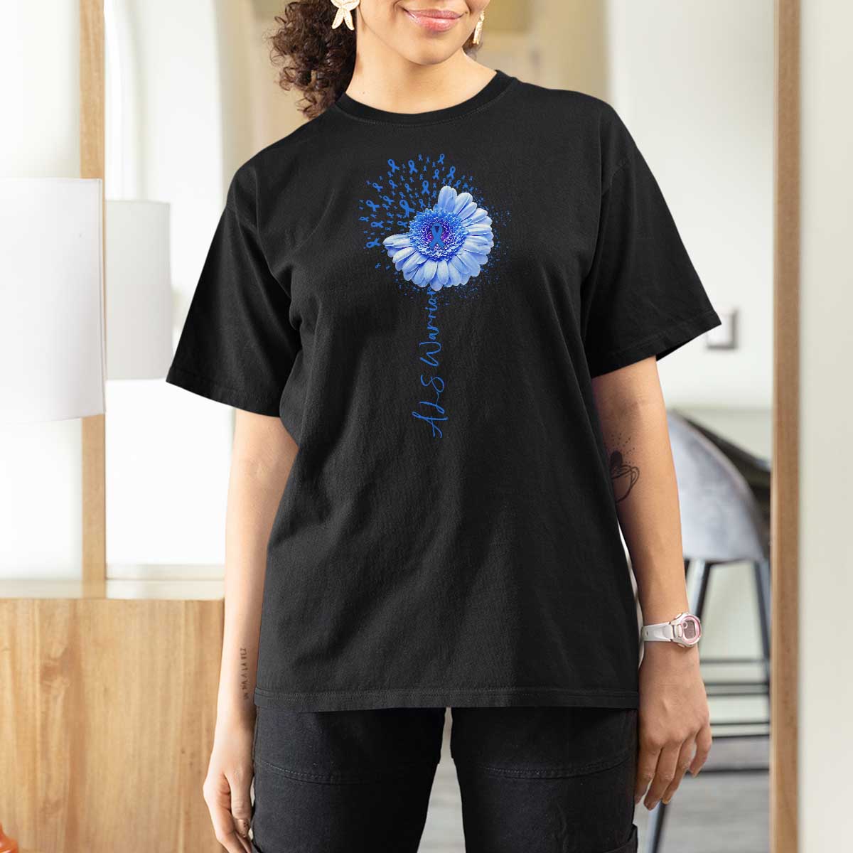 ALS Awareness T Shirt For Women Blue Ribbon Sunflower ALS Warrior