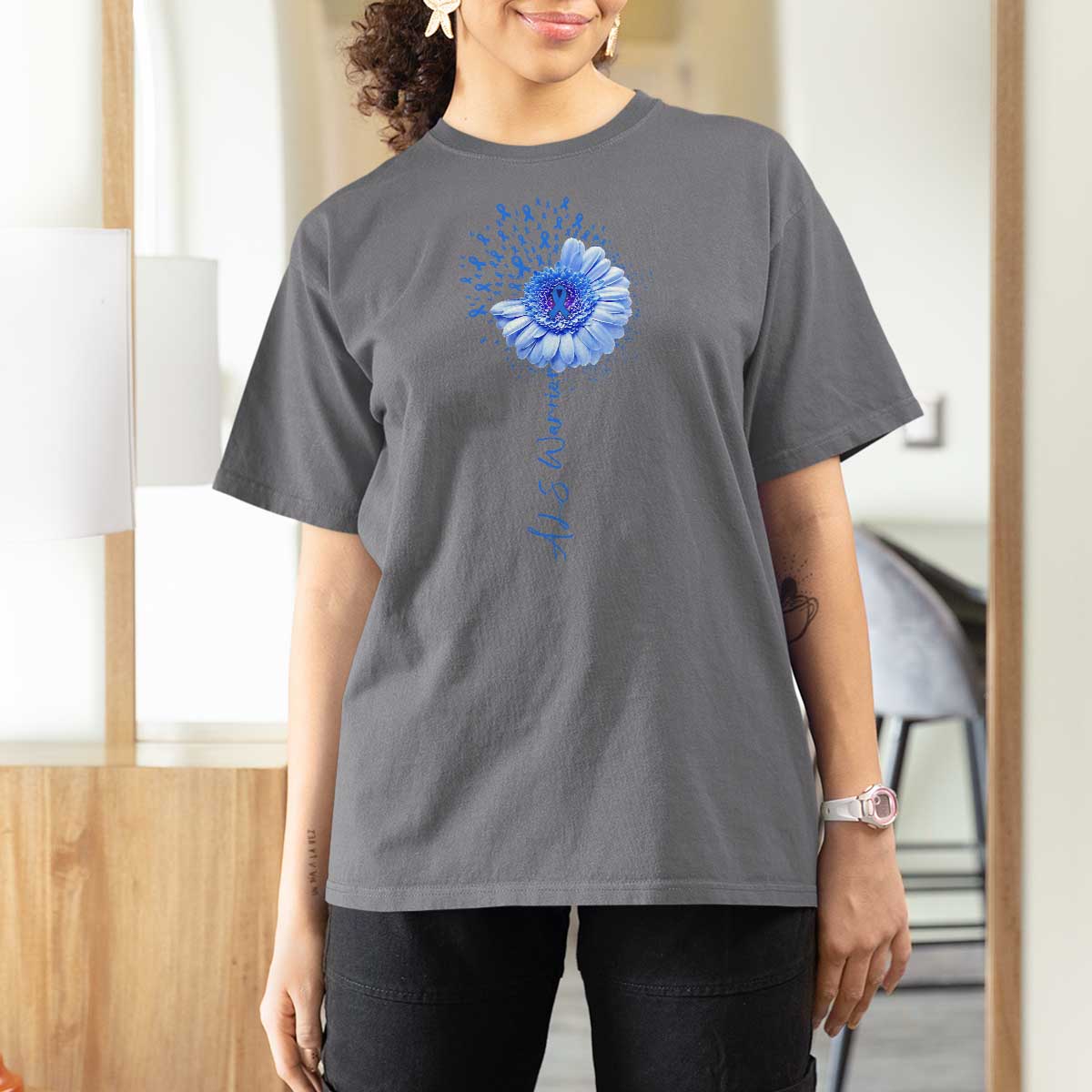 ALS Awareness T Shirt For Women Blue Ribbon Sunflower ALS Warrior
