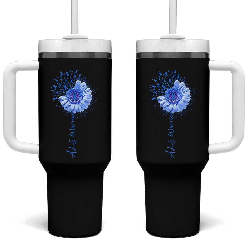 ALS Awareness Tumbler With Handle Blue Ribbon Sunflower ALS Warrior
