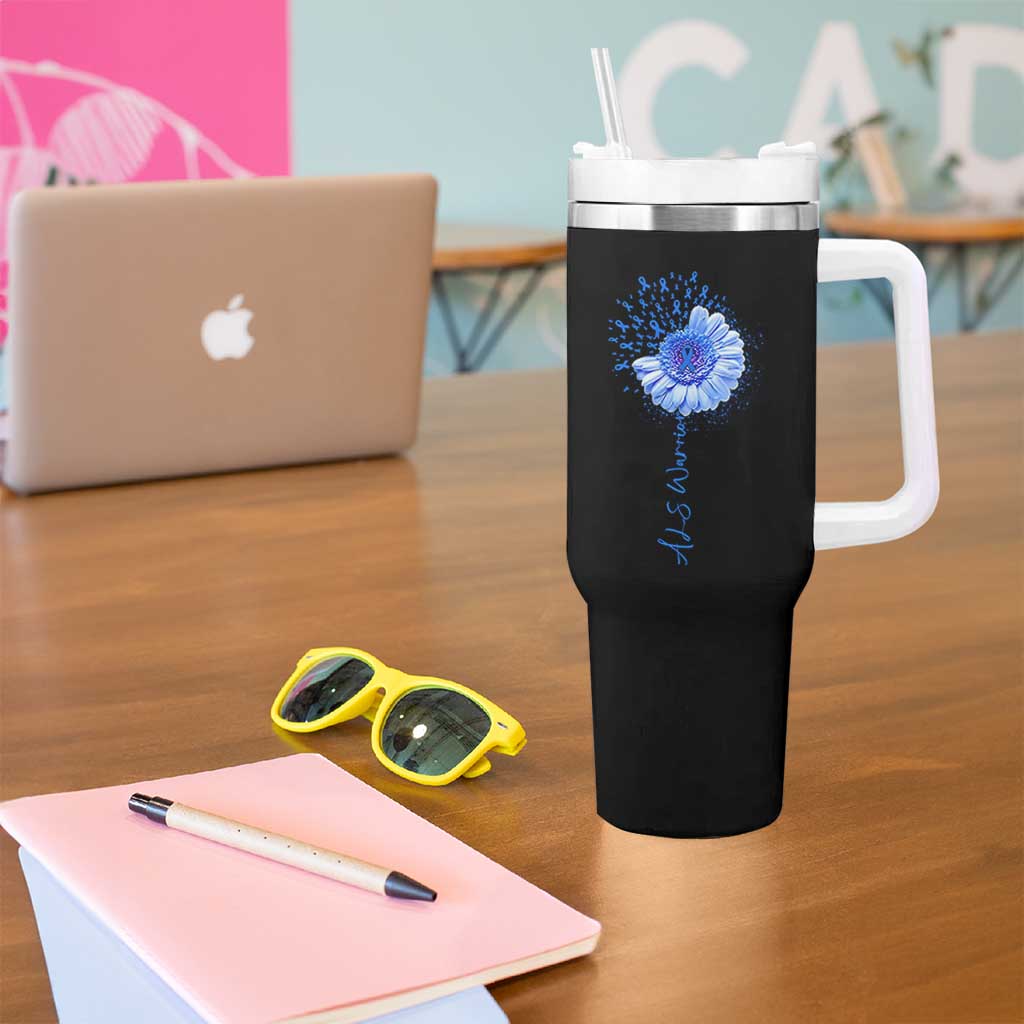 ALS Awareness Tumbler With Handle Blue Ribbon Sunflower ALS Warrior
