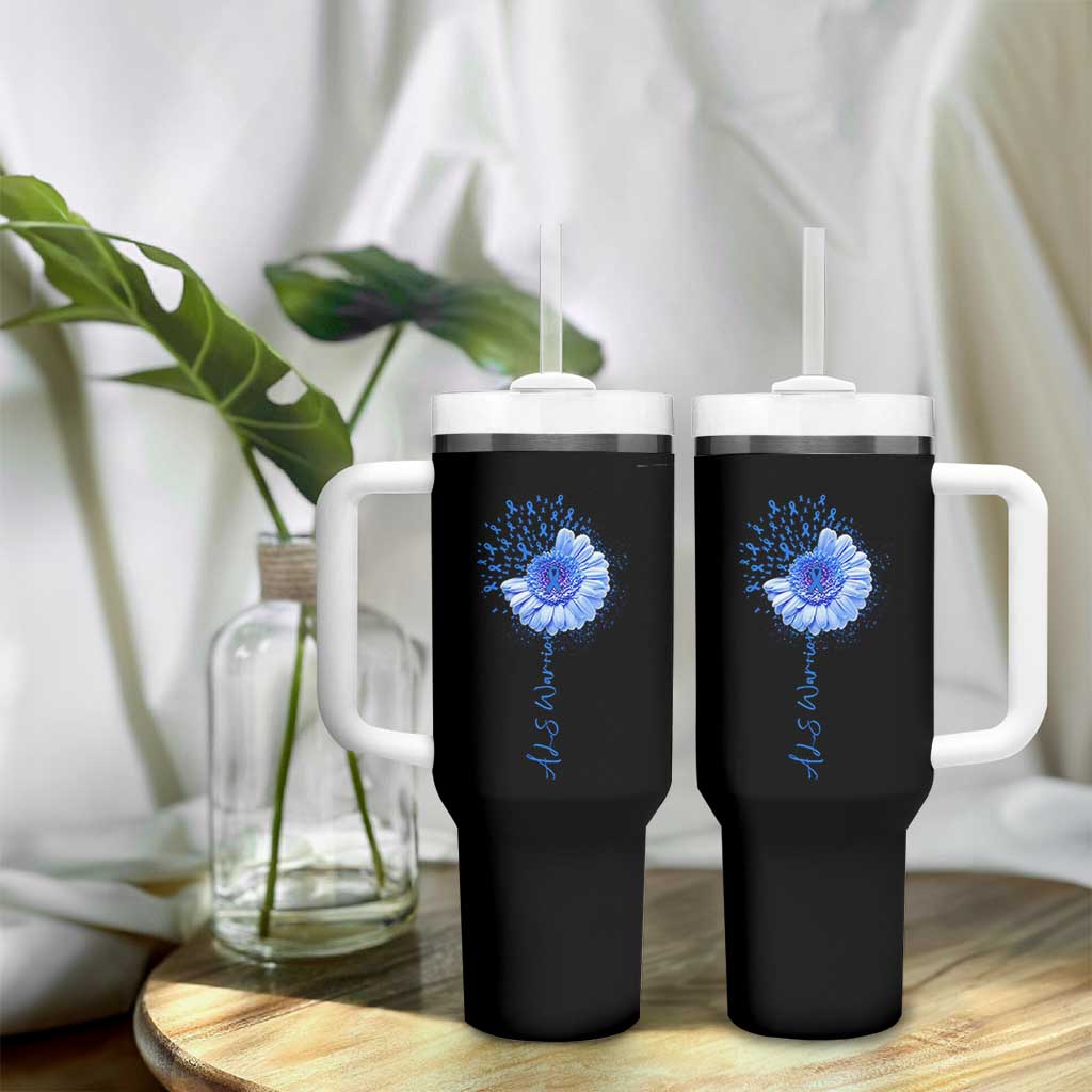 ALS Awareness Tumbler With Handle Blue Ribbon Sunflower ALS Warrior