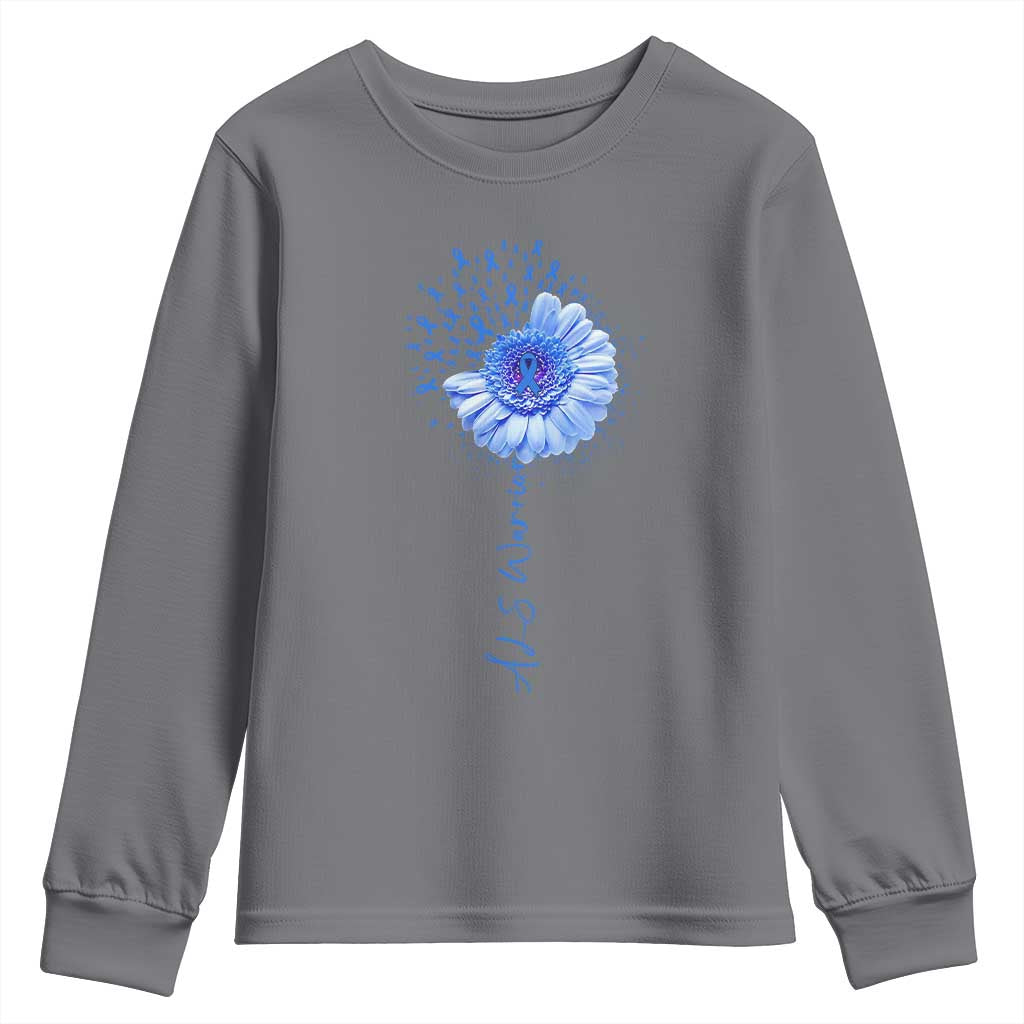 ALS Awareness Youth Sweatshirt Blue Ribbon Sunflower ALS Warrior