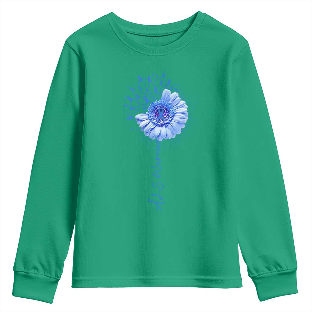 ALS Awareness Youth Sweatshirt Blue Ribbon Sunflower ALS Warrior