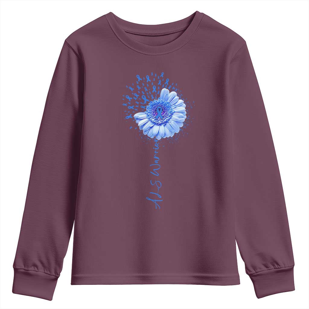 ALS Awareness Youth Sweatshirt Blue Ribbon Sunflower ALS Warrior