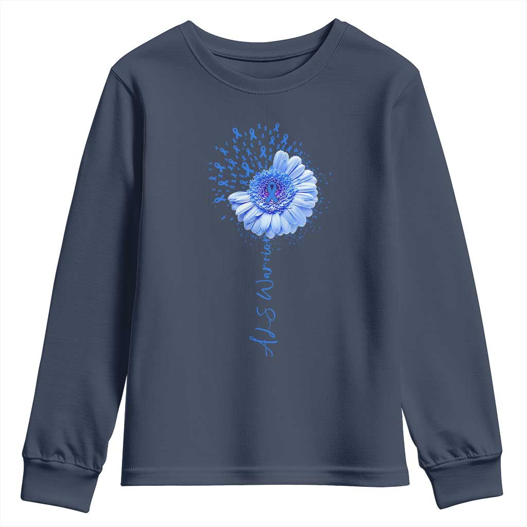 ALS Awareness Youth Sweatshirt Blue Ribbon Sunflower ALS Warrior
