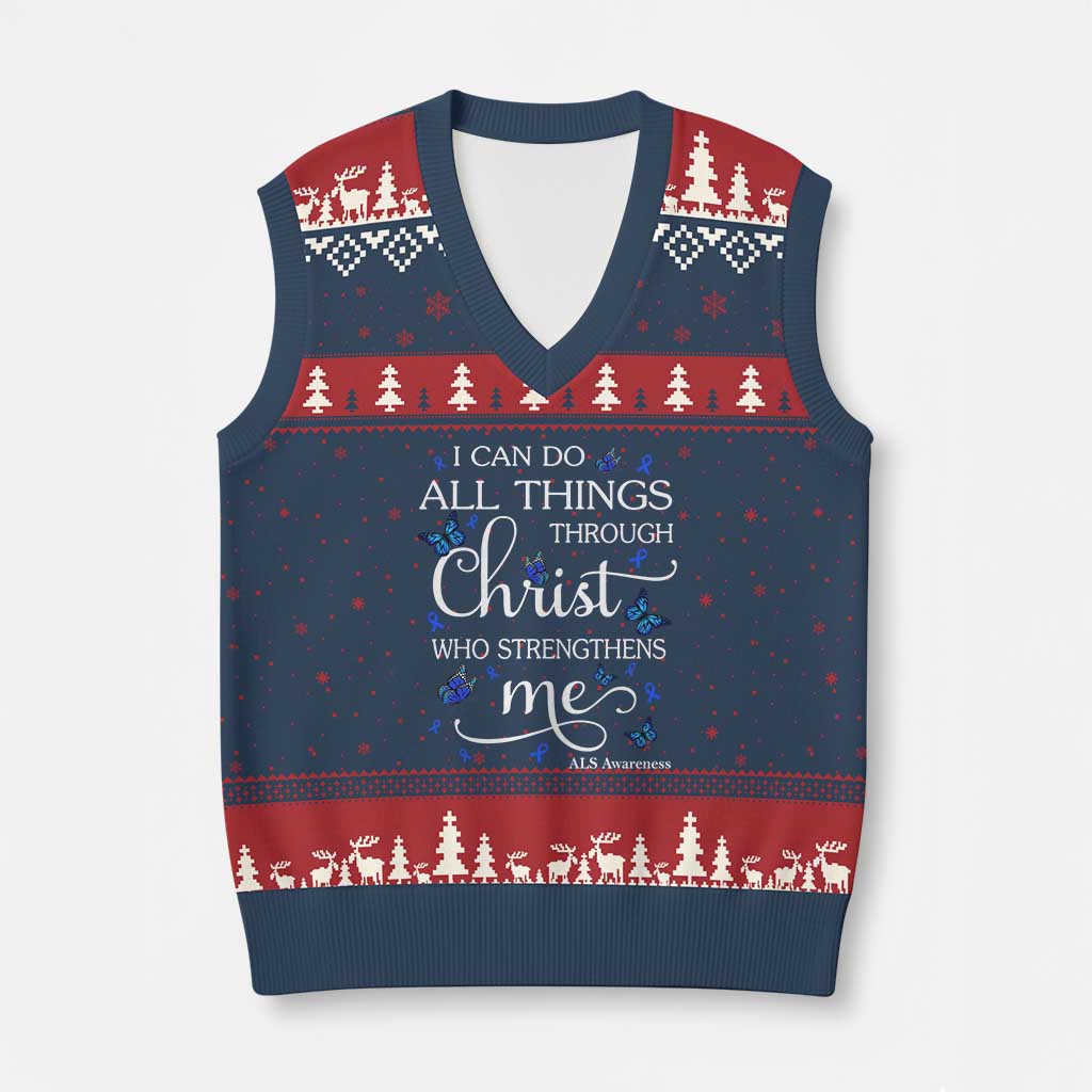 ALS Awareness V-Neck Knit Sweater Vest I Can Do All Things Through Christ Butterfly Bible Verse Motivational