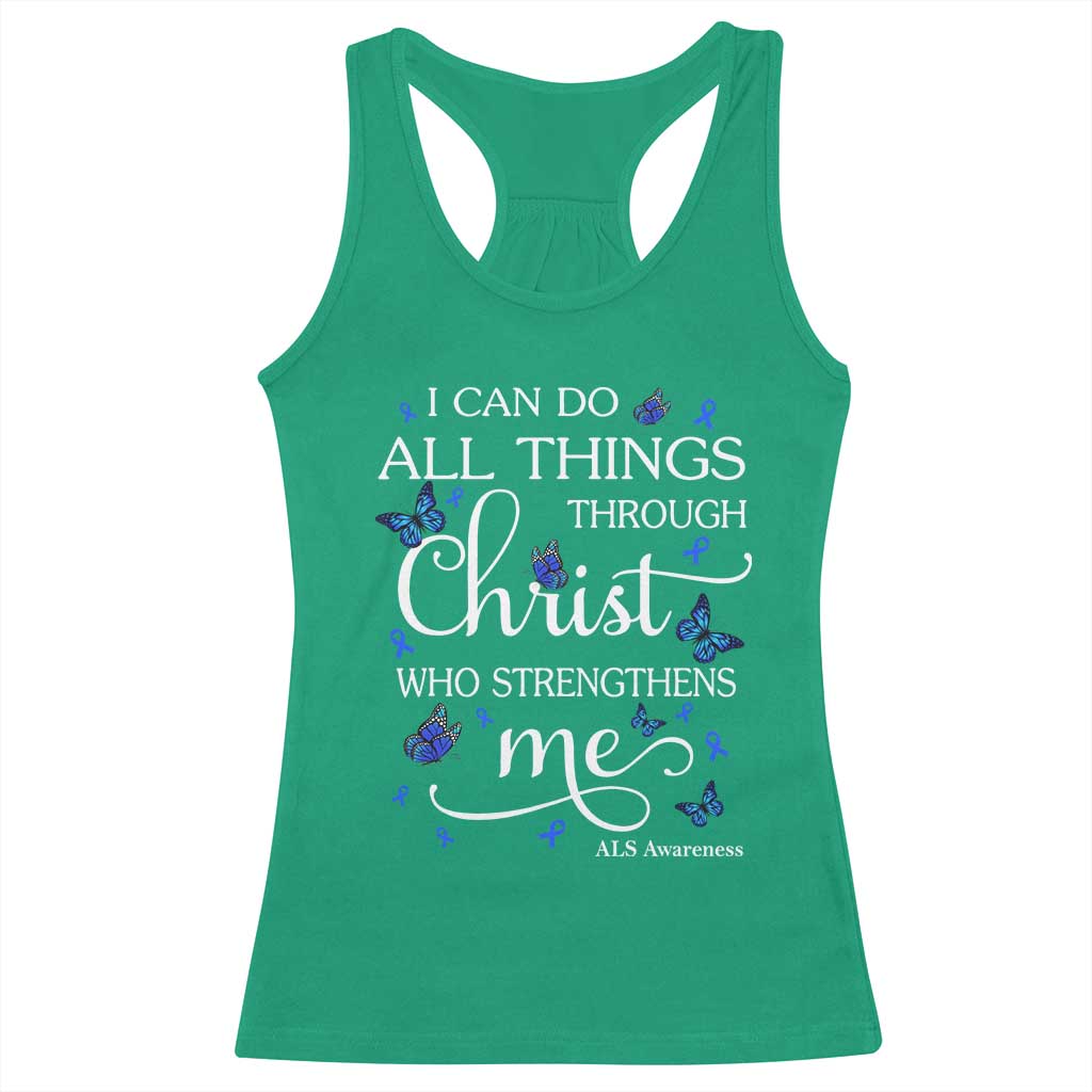 ALS Awareness Racerback Tank Top I Can Do All Things Through Christ Butterfly Bible Verse Motivational