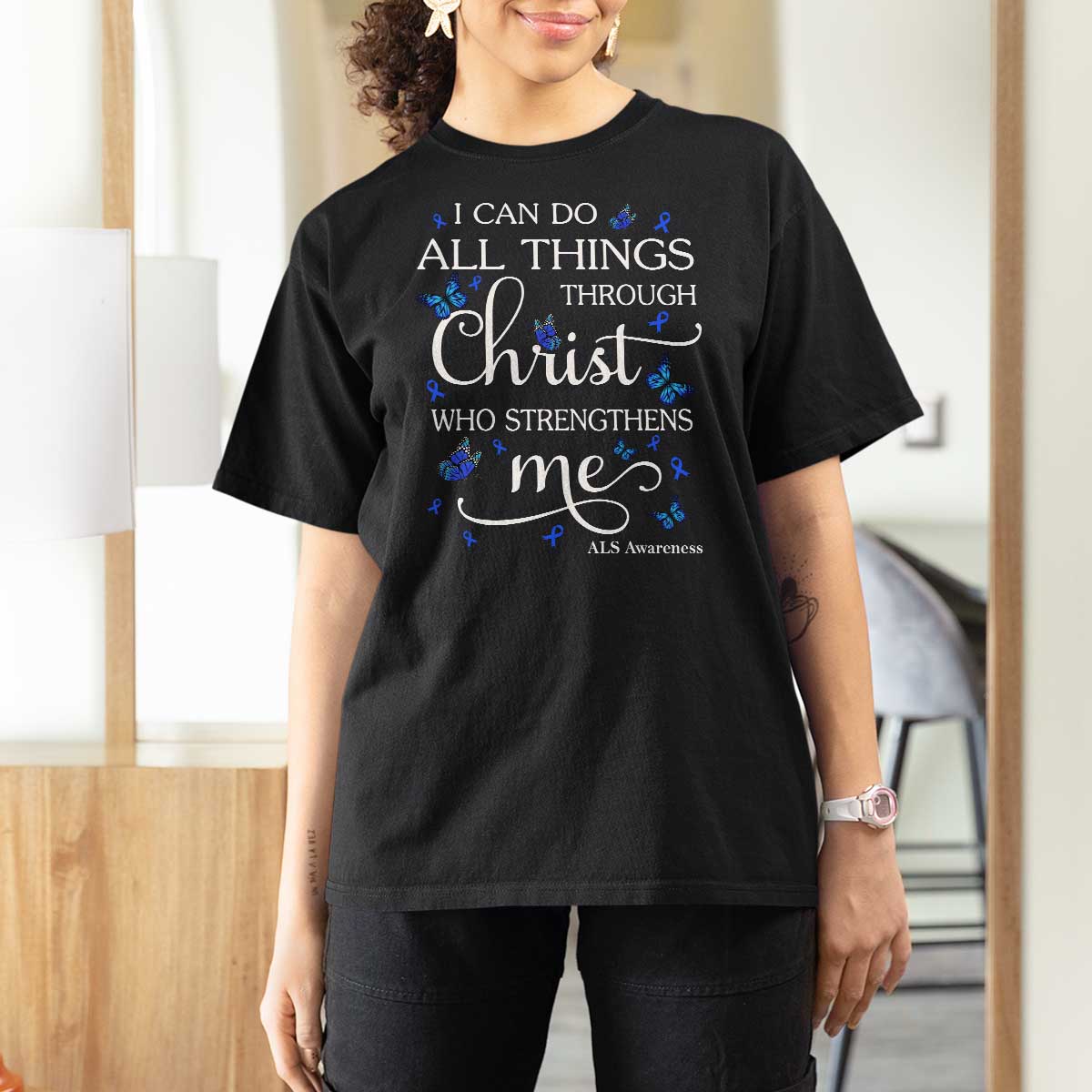 ALS Awareness T Shirt For Women I Can Do All Things Through Christ Butterfly Bible Verse Motivational