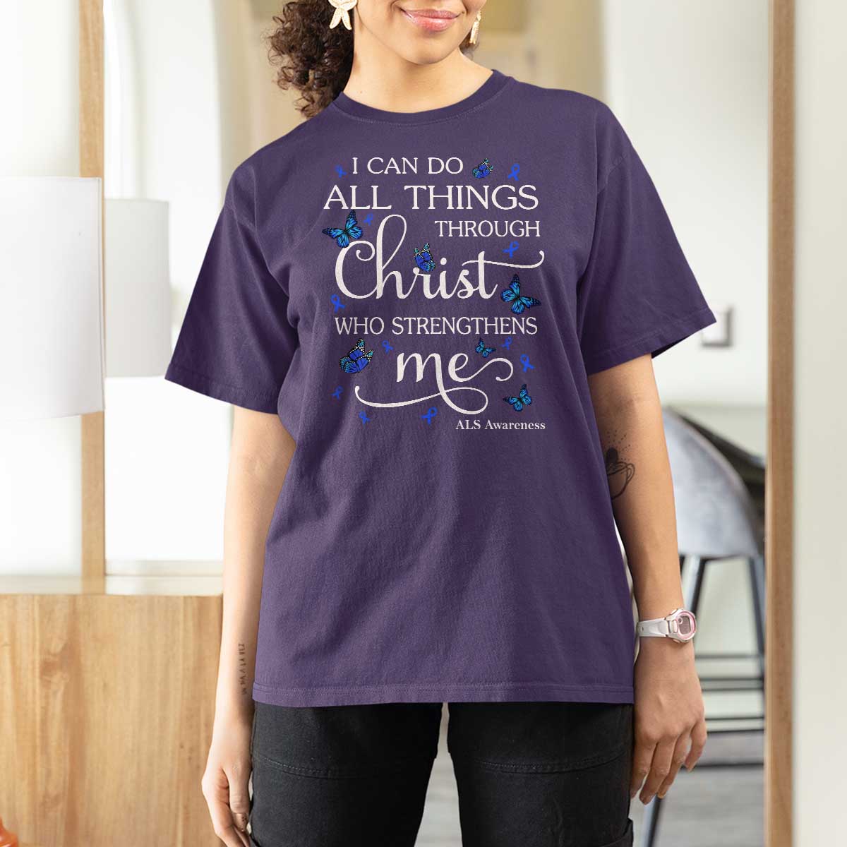 ALS Awareness T Shirt For Women I Can Do All Things Through Christ Butterfly Bible Verse Motivational