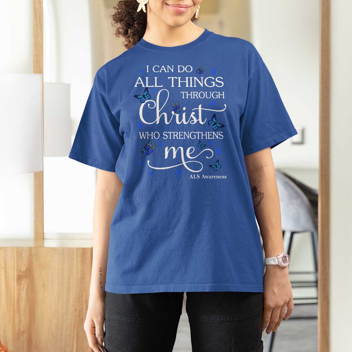 ALS Awareness T Shirt For Women I Can Do All Things Through Christ Butterfly Bible Verse Motivational