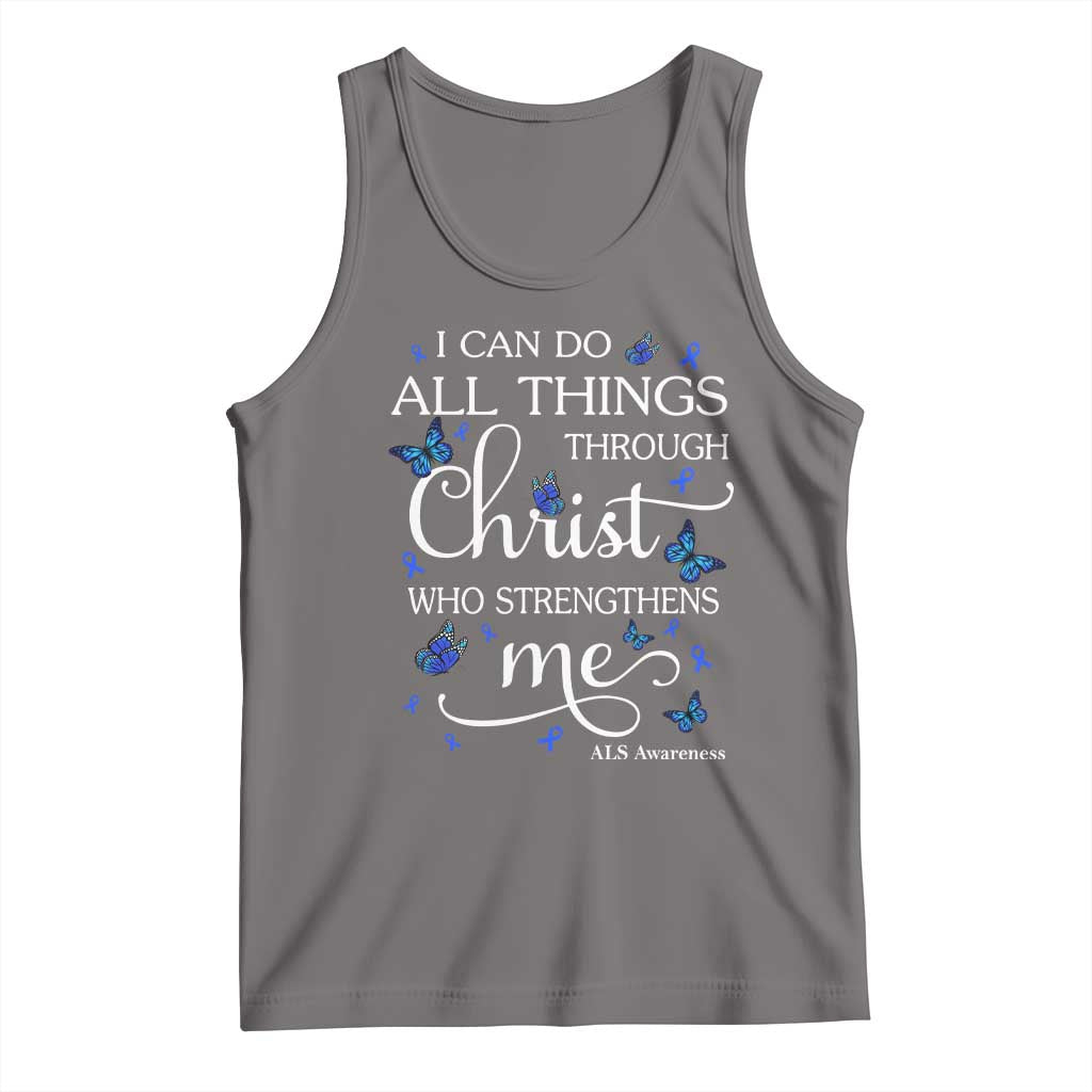 ALS Awareness Tank Top I Can Do All Things Through Christ Butterfly Bible Verse Motivational