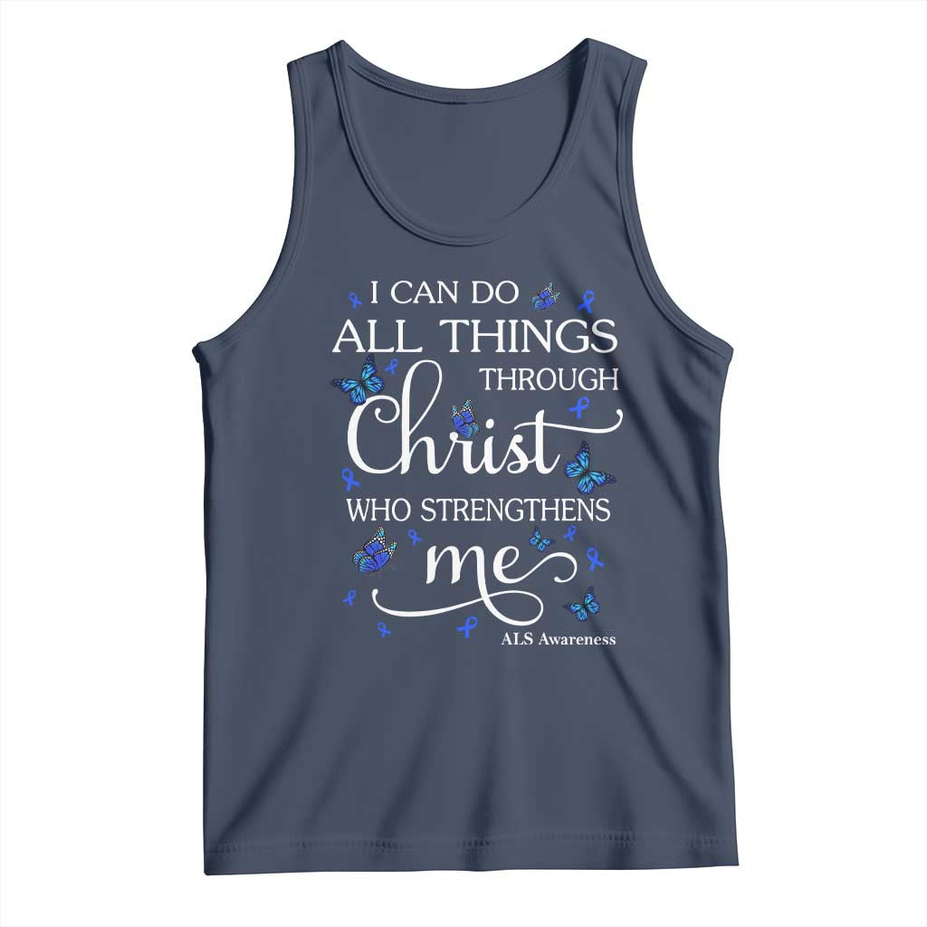 ALS Awareness Tank Top I Can Do All Things Through Christ Butterfly Bible Verse Motivational