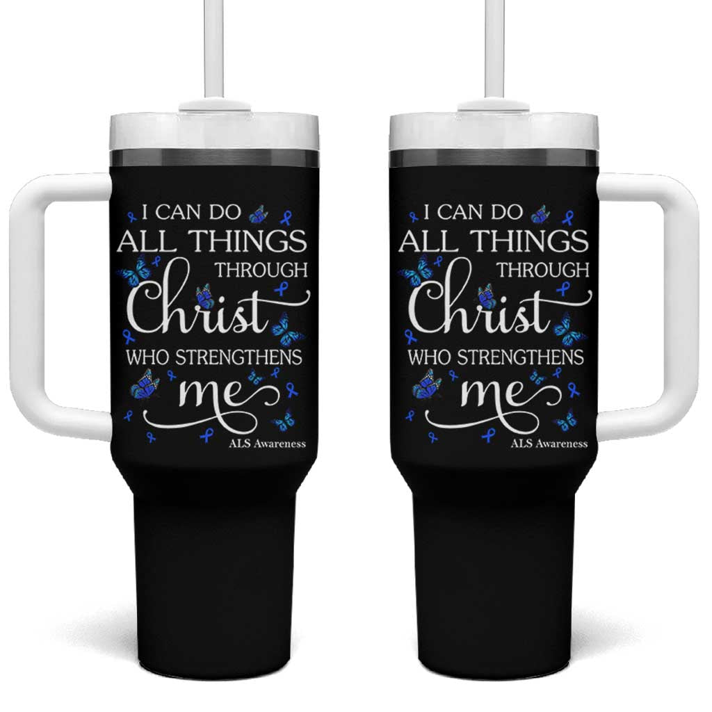 ALS Awareness Tumbler With Handle I Can Do All Things Through Christ Butterfly Bible Verse Motivational