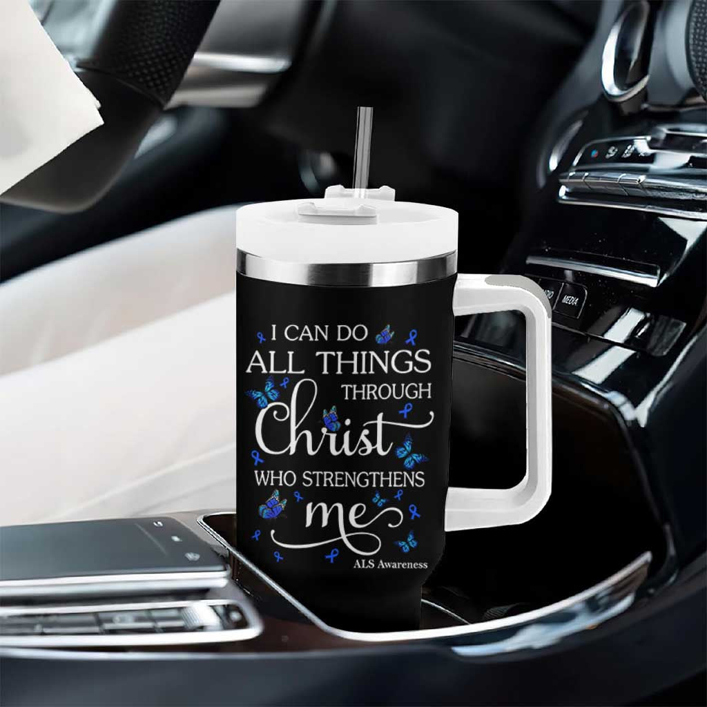 ALS Awareness Tumbler With Handle I Can Do All Things Through Christ Butterfly Bible Verse Motivational