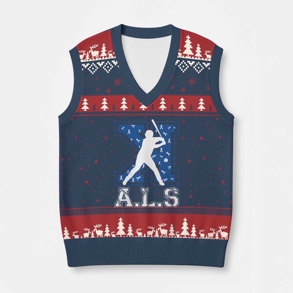 ALS Awareness V-Neck Knit Sweater Vest Baseball Strike Out ALS Support
