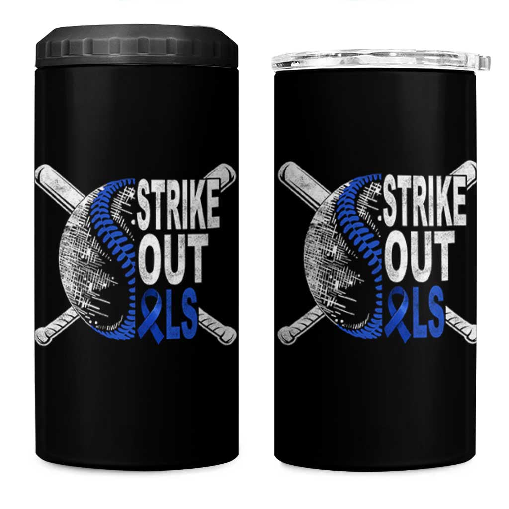 ALS Awareness 4 in 1 Can Cooler Tumbler Blue Ribbon Baseball Strike Out ALS Support